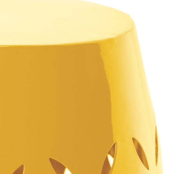 English Elm 12" Outdoor Iron Accent Table Lace Cut Barrel Design Perforated Metal Patio Side Yellow N773P365595Y