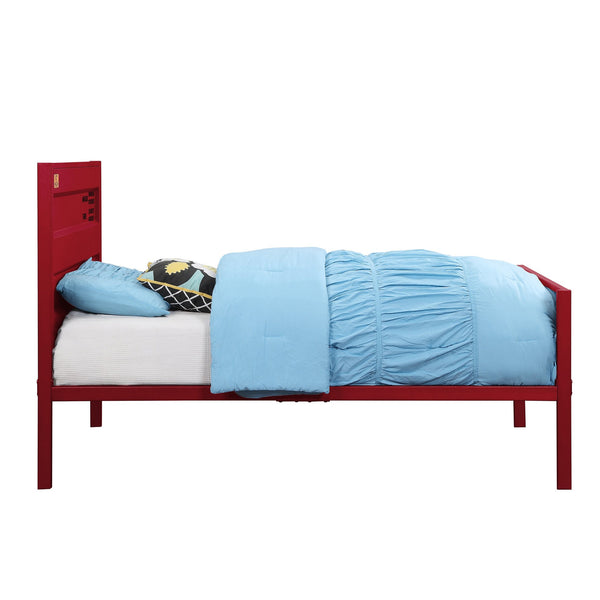 English Elm Red Metal Twin Platform Bed with Industrial Cargo-Container Design, Panel Headboard, Low Footboard B062P186402