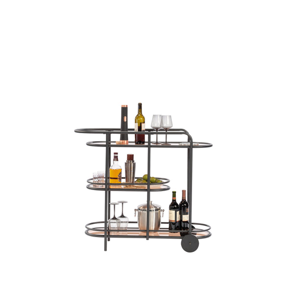 English Elm Bar Cart Black finish with Amber Tempered Glass Shelves, Powder-Coated Metal Frame, Casters for Small Spaces B356P354498