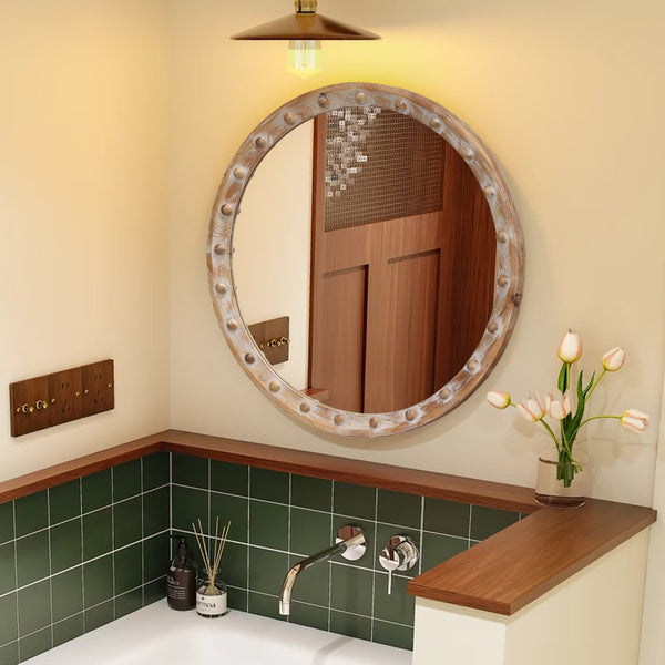 English Elm Round Rattan Textured Wall Mirror Natural Woven Frame Bohemian Accent for Any Room W2295P414106