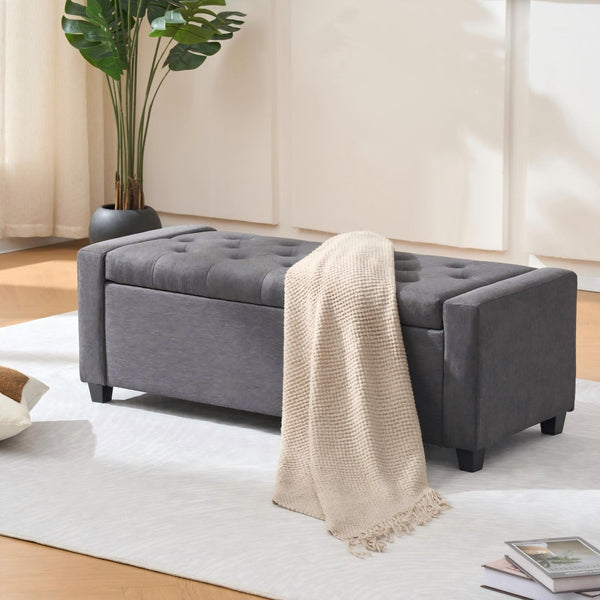 English Elm 48" Tufted Faux Linen Storage Bench with Arms Lift Top Ottoman for Bedroom Entryway Grey W3523P387534