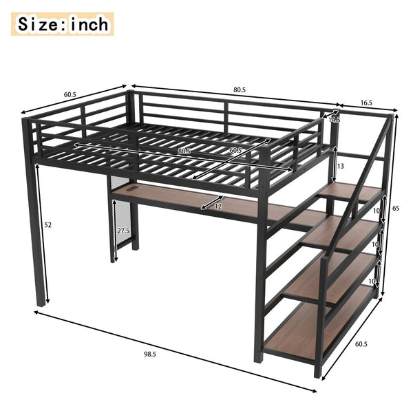 English Elm Queen Loft Bed With Desk, Storage Stairs, Led Lights & Usb Ports – Perfect For Modern Living Spaces! W1580S00477-GIGA