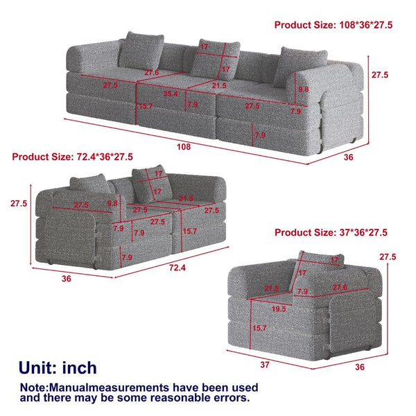 English Elm 6-seater Chenille Floor Sofa Bed with Storage Pockets Convertible Recliner Lounge W3505S00006