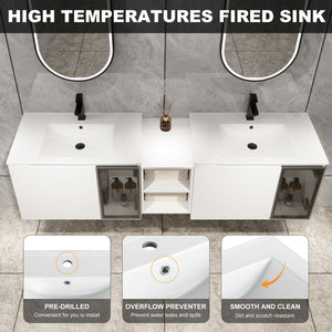 English Elm 72" Floating Double Bathroom Vanity Plywood Cabinet Ceramic Sinks Soft Close Doors W999S00533