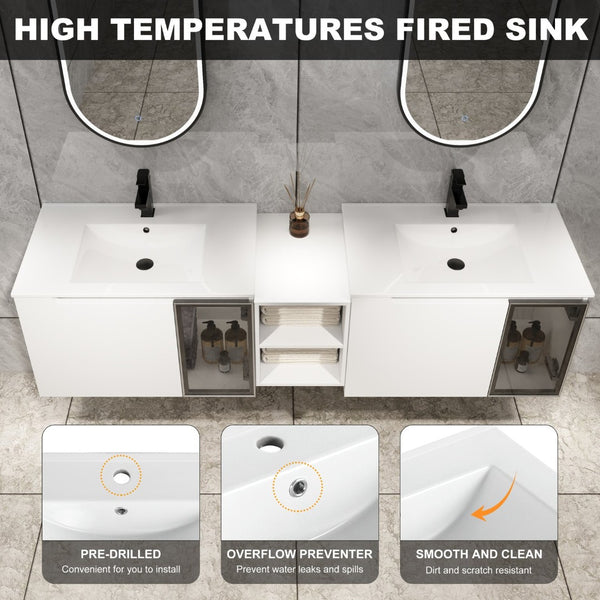 English Elm 72" Floating Double Bathroom Vanity Plywood Cabinet Ceramic Sinks Soft Close Doors W999S00533
