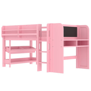 English Elm Twin Low Loft Bed Solid Pine Frame Kids Study Desk Blackboard Storage White W1580S00298