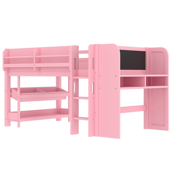 English Elm Twin Low Loft Bed Solid Pine Frame Kids Study Desk Blackboard Storage White W1580S00298