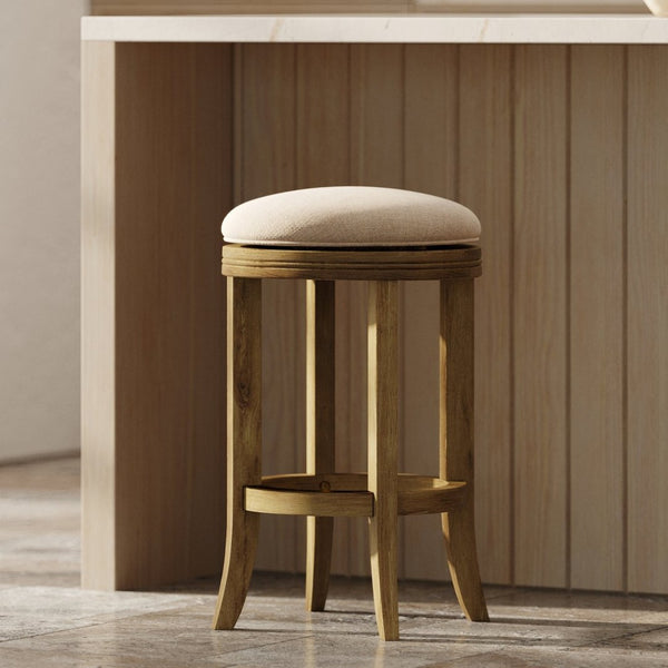 English Elm 26in. Backless Swivel Counterstool Solid Wood Farmhouse Seat Distressed Finish Kitchen Natural+Cream B2751P436422