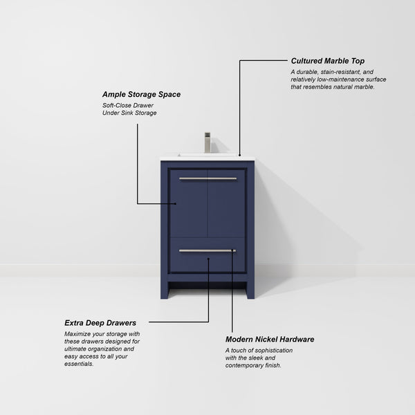 English Elm Navy Bath Vanity 24" W X 20" D With Cultured Marble Top – Elegant Storage Solution For Any Bathroom B2731P259249