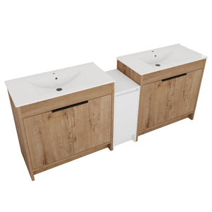 English Elm 84 Inch Freestanding Bathroom Vanity with Integrated Resin Sink, Soft-Close Doors, Shelves & Extra Storage Space Glossy White,Imitative Oak W999S00325