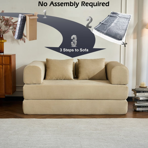 English Elm 59'' Corduroy Convertible Floor Sofa Sleeper with Bolster Pillow for Small Spaces Beige W3434P406618