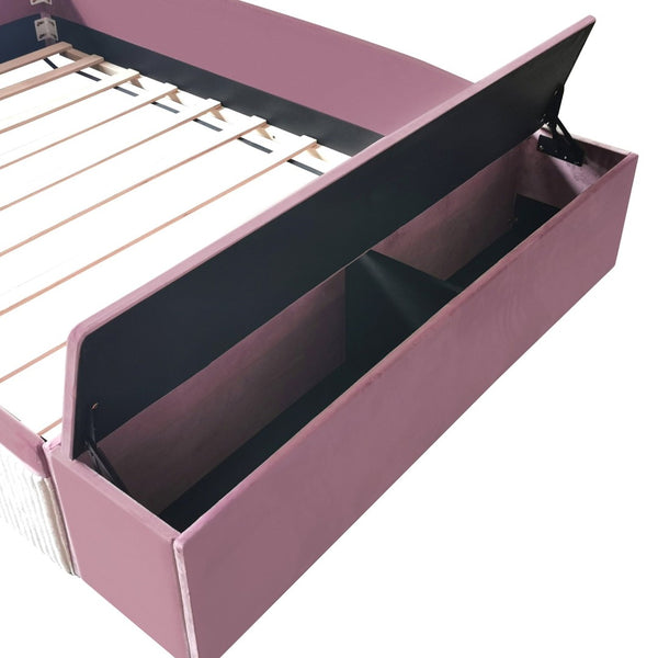 English Elm Full Size Kids Velvet Platform Daybed with Storage Ottoman Staircase Padded Rails Pink+White SF000202AAH
