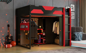 English Elm Full Size Loft Bed with Rgb Lighting Usb Charging Desk Wardrobe and Storage Shelves Red LT000387AAJ