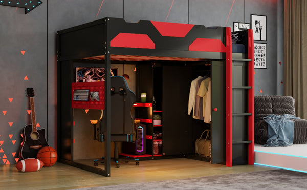 English Elm Full Size Loft Bed with Rgb Lighting Usb Charging Desk Wardrobe and Storage Shelves Red LT000387AAJ