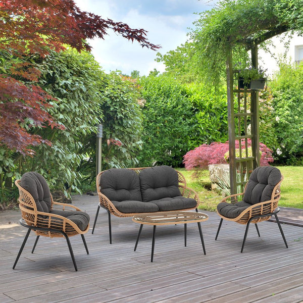 English Elm Pine 4-Piece Conversation Set with UV-Resistant Waterproof Fabric, Removable Cushions & Glass Top Grey B365P397655