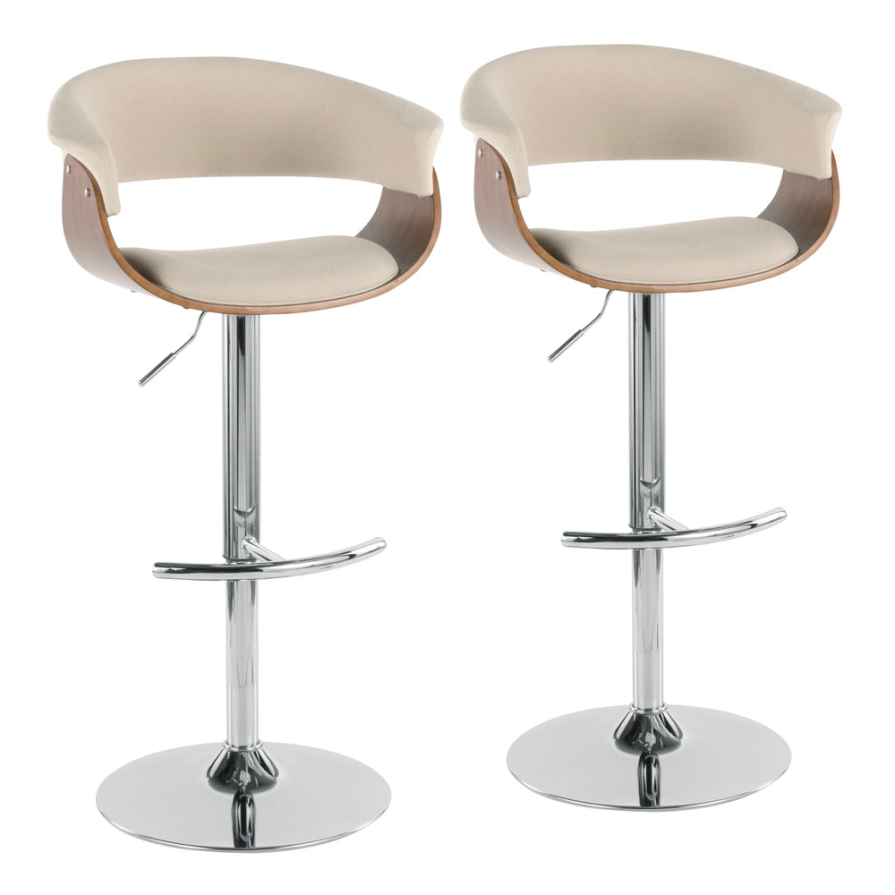 English Elm Vintage Mid-Century Mod Adjustable Barstools Set of 2 – Walnut Frame, Cream Fabric, Swivel, Height-Adjustable Elegance B202S01082