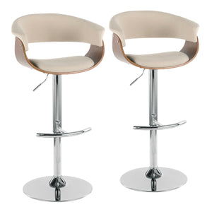 English Elm Vintage Mid-Century Mod Adjustable Barstools Set of 2 – Walnut Frame, Cream Fabric, Swivel, Height-Adjustable Elegance B202S01082