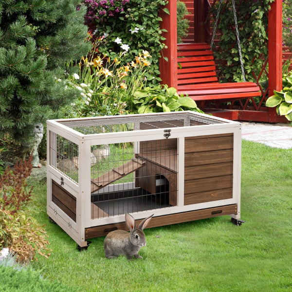 English Elm Pawhut Wooden Rabbit Hutch With Elevated Base, Enclosed Run & Easy-Clean Design For Small Pets W2225P217662-GIGA