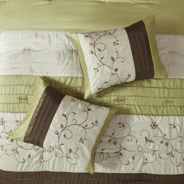 English Elm Embroidered 7-Piece King Comforter Set In Green, Chocolate & Taupe - Luxurious Floral Design & Pillows B03597124