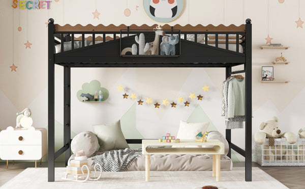English Elm Full Size Metal Loft Bed with Built-in Shelving for Teen or Studio Bedroom W1580S00381