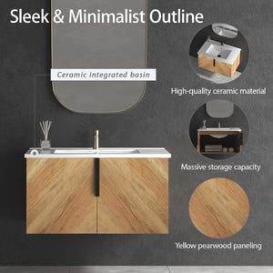 English Elm 30 Inch Floating Bathroom Vanity Fluted Wood Grain Front with Ceramic Integrated Sink W3520S00047