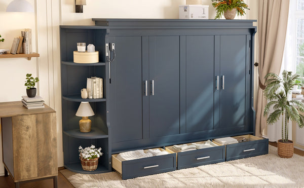 English Elm Full Size Murphy Wall Bed with Side Cabinets Three Drawers and Shelving for Small Spaces Blue W1580S00451