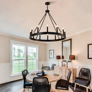 English Elm 12-light Wagon Wheel Chandelier Black Iron Rustic Farmhouse Fixture for Dining Rooms W2991P406726