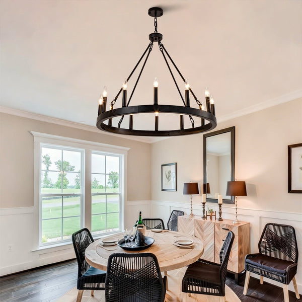 English Elm 12-light Wagon Wheel Chandelier Black Iron Rustic Farmhouse Fixture for Dining Rooms W2991P406726