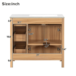 English Elm 36" Wood Bathroom Vanity with Solid Frame, Gold Handles, 3 Soft-Close Drawers & 2 Doors, Spacious Countertop N729P204176N