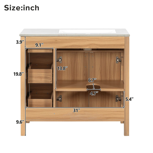 English Elm 36" Wood Bathroom Vanity with Solid Frame, Gold Handles, 3 Soft-Close Drawers & 2 Doors, Spacious Countertop N729P204176N