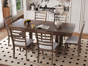 English Elm 7 Extendable Dining Table Set with 18" Leaf and 6 Upholstered Chairs — Rustic Farmhouse 60–78" Wood Veneer Table Brown N752S000090D