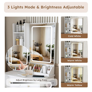 English Elm Modern Vanity Desk with Led Mirror 3 Drawers Built-in Outlet and Matching Chair White W509P465832