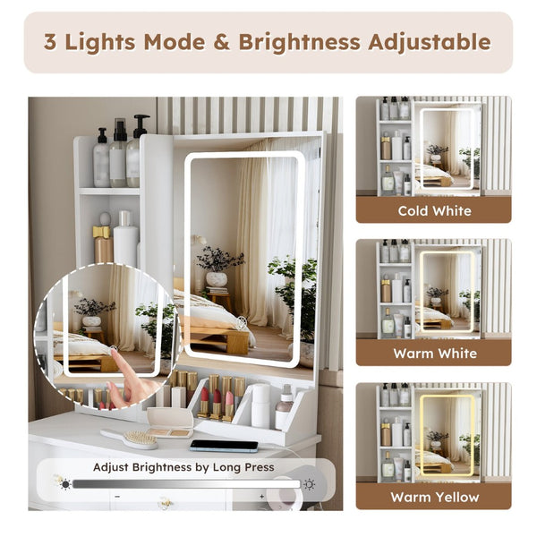 English Elm Modern Vanity Desk with Led Mirror 3 Drawers Built-in Outlet and Matching Chair White W509P465832