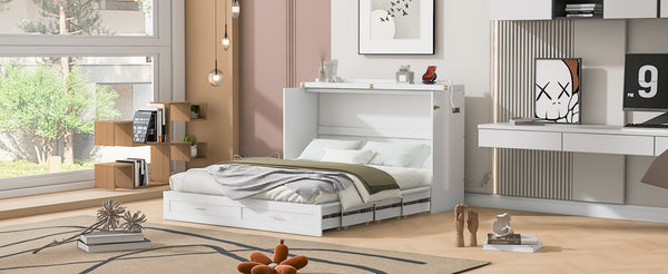 English Elm Queen Murphy Wall Bed Cabinet with Storage Drawer Built-in Power Outlets Usb Ports White LP000400AAK