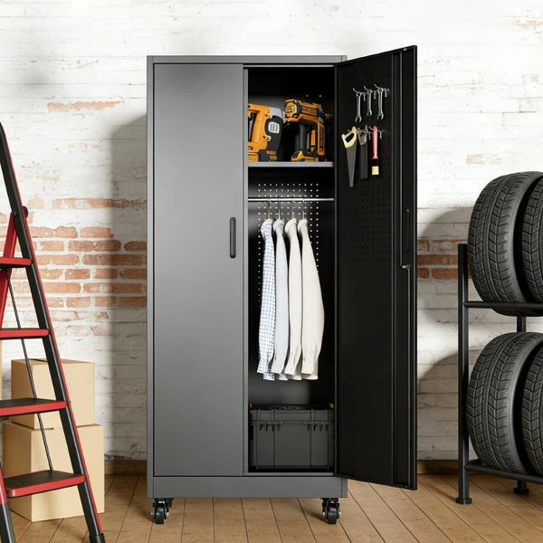 English Elm Metal Rolling Garage Cabinet with Pegboard Door Drawer Locking Storage and Adjustable Shelves T2398P465999