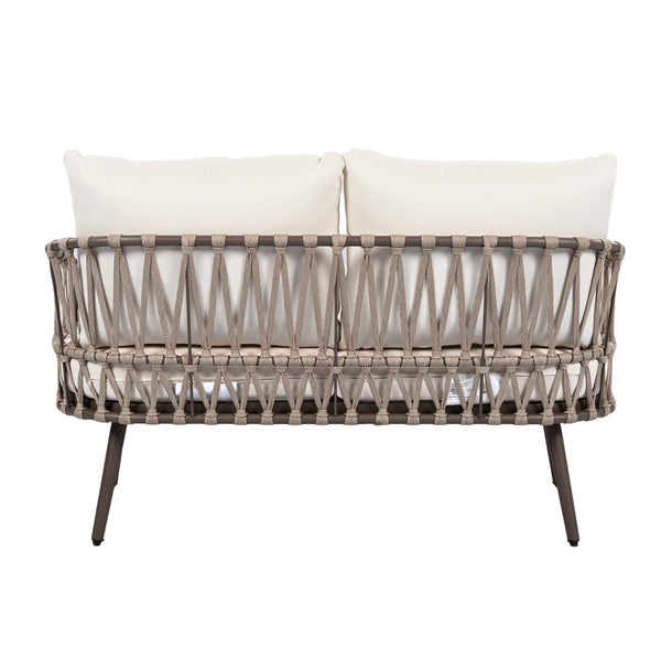 English Elm Christopher Knight Home® - 4-Piece Outdoor Patio Set with Woven Rope U-Back, Steel Frame, Thick Cushions & Acacia Table for Garden Brown+Beige N780P209458R