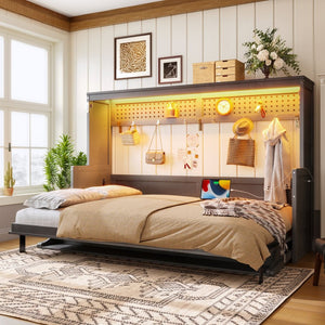 English Elm Full Murphy Bed with Fold Down Desk Led Lighting and Usb Port for Studio Spaces Dark Gray W1580S00455