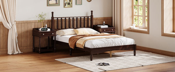 English Elm Full Full Size Wood Platform Bed with Gourd Headboard, Walnut Retro Charm, Solid Slat Support, 500LB Capacity N733P338317D