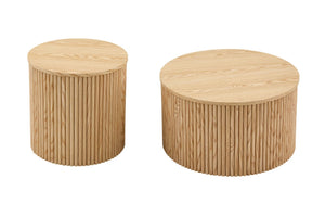 English Elm 2-piece Round Nesting Tables with Fluted Column Base Hidden Storage Oak Grain Finish Wood W3875P396797