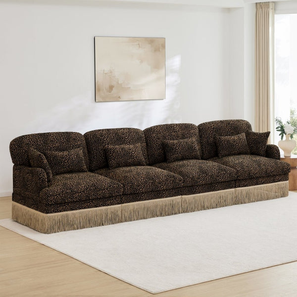 English Elm 131" Chenille Leopard Sectional Sofa Modular 4 Seat Deep Cushion Tassel Trim Brown W5656S00016