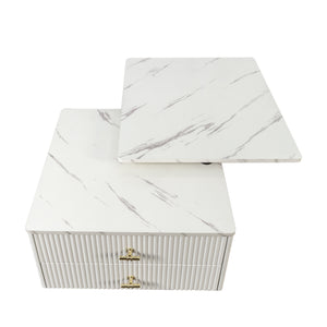 English Elm Extendable Marble Swivel Coffee Table with 2 Drawers, Rotatable Expandable Top & Smooth Wheels for Living Room Elegance W331P286652