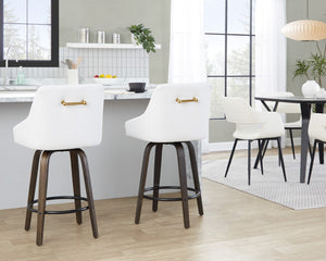 English Elm 26" Swivel Counter Stools Walnut Bentwood Gold Accents White Faux Leather Set of 2 B202S01835