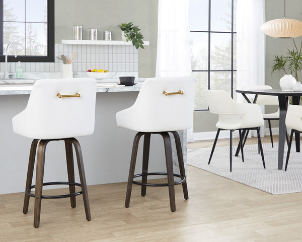 English Elm 26" Swivel Counter Stools Walnut Bentwood Gold Accents White Faux Leather Set of 2 B202S01835