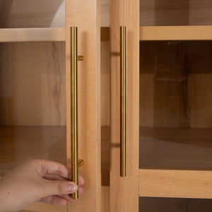 English Elm K&K Arched 71" Kitchen Pantry Cabinet with Glass Doors, Brass Handles, Adjustable Shelves & Drawer Natural N707P288969Y