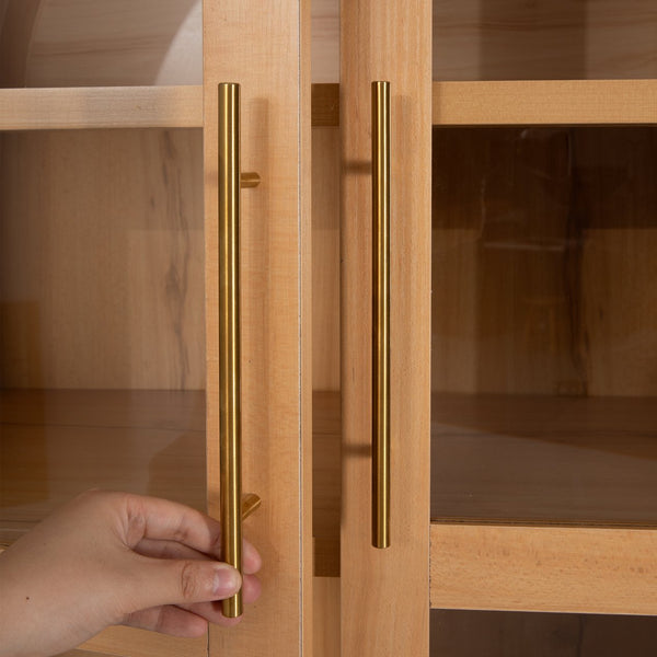 English Elm K&K Arched 71" Kitchen Pantry Cabinet with Glass Doors, Brass Handles, Adjustable Shelves & Drawer Natural N707P288969Y