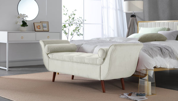 English Elm Vintage Button Tufted Velvet Storage Bench Mid Century Seat for Bedroom Entryway Beige W2795P428370