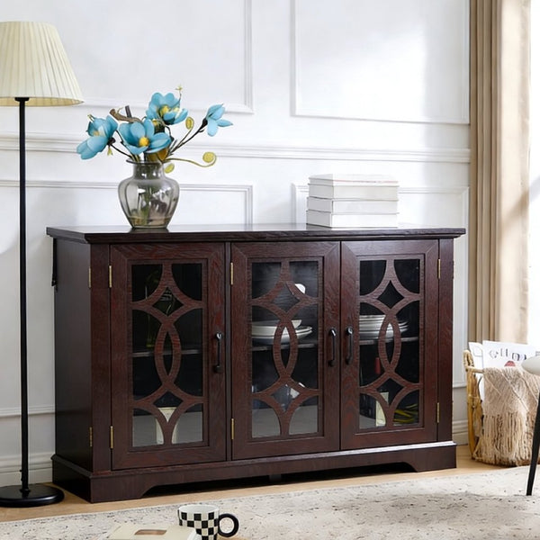English Elm 48.66" Wide Tempered Glass Door Buffet Sideboard with Adjustable Shelves Dark Finish Ox Blood Red W2899P372746