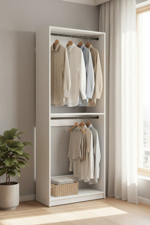 English Elm Prosper 32" White Wood Walk-In Closet Organizer with Two Rods, Freestanding Melamine Oak Finish Durable B040P407428