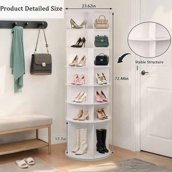English Elm 7 Tier Rotating Shoe Rack Tower with Boot Slot, 360° Spinning Organizer Holds 28 Pairs, White W3204P300607