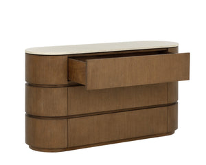 Sunpan CALDORA Dresser - Sculptural Oak-Veneer Design with Polished Marble Top & Soft-Closing Drawers 112890